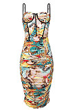Sexy Ruffle Printing Condole Belt Mini Dress GL6385