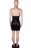 Sexy Fashion Chest Warp Backless Tether Elastic PU Leather Dress BS1273