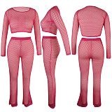 Women Perspective Pure Color Net Hole Long Pants Two-Pieces QQM4292