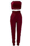 Women Shirred Detail Chest Wrap Pure Color Sport Casual Pants Sets NK249