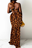 Leopard Printing Chest Wrap Backless Fishtail Skirt Sets QQM4289