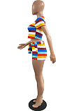 Fashion Stripe Printing Short Sleeve Shorts Montrast Color Sets H1660