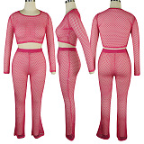 Women Perspective Pure Color Net Hole Long Pants Two-Pieces QQM4292