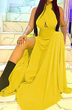 Pure Color Trendy Bandage Open Fork Backless Long Dress BLE2375