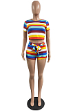 Fashion Stripe Printing Short Sleeve Shorts Montrast Color Sets H1660