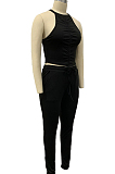 Euramercan Fashion Pure Color Shirred Detail Vest Long Pants Two-Piece DN8617