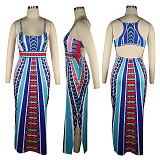 Women Positioning Printing Condole Belt Backless Long Dress QQM4287