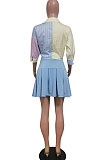 Women Shirt Tops Blue Plaid Skirts Sets HM5438