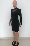 Sexy Long Sleeves Black Mesh Patchwork Dress HT6067
