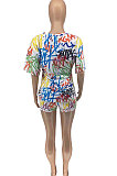 Women Loose Casual Scrawl Printing V Neck Shorts T Shirts Sexy Two Pieces ATE5221