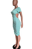 Trendy Sexy Bandage Pure Color Backless Hollow Out Mid Dress HM5478