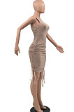 Khaki Women Pure Color Ruffle Drawsting Sleeveless Bodycon Casual Mini Dress MLM9072-1