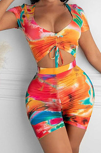 Sexy Fashion Women Tie Dye Drawsting Shorts Sets HYM86802