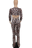 Fashion Casual Sexy Long Sleeve Deep V Leopard Pants Sets AFM60017
