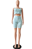Light Blue Euramerican Fashion Spilced Vest Shorts Sports Casual Sets CM2141-2