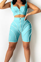 Light Blue Euramerican Fashion Spilced Vest Shorts Sports Casual Sets CM2141-2