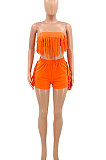 Pure Color Chest Wrap Tassel Fashion Sexy Backless Shorts Sets PY809