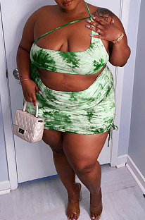 Dark Green Sexy Condole Belt Chest Wrap Backless Shirred Detail Package Buttocks Tie Dye Plus Skirt Sets CYC783-1