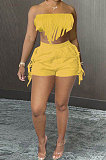 Pure Color Chest Wrap Tassel Fashion Sexy Backless Shorts Sets PY809