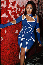 Dark Blue Sexy Pure Color Irregularity Tight Night Club Long Sleeve Dress LM1095-4