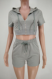 Grey Euramerican Pure Color Hoodie T Shirt Shorts Two Piece X9301-5