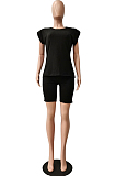 Black Casual Pure Color Sleeveless Shoulder pads T Shirt Shorts Sets CM2142-2