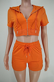Orange Euramerican Pure Color Hoodie T Shirt Shorts Two Piece X9301-1