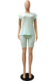 Light Blue Casual Pure Color Sleeveless Shoulder pads T Shirt Shorts Sets CM2142-3