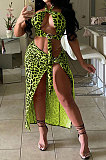 Green Sexy Leopard Women Bandage Chest Wrap Open Fork Skirts Sets AYL88803-1