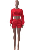 Red Women Shirred Detail Autumn Winter Sport Casual Shorts Sets NK253-5