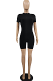 Black Euramerican Women Pure Color Round Neck Short Bodycon Jumpsuits KK8265-1