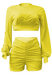 Yellow Women Shirred Detail Autumn Winter Sport Casual Shorts Sets NK253-3
