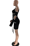 Black Sexy Pure Color Irregularity Tight Night Club Long Sleeve Dress LM1095-1