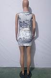 White Fashion Casual Snakeskin Prit Sleeveless Short Skirt Two Piece JH261