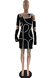 Black Sexy Pure Color Irregularity Tight Night Club Long Sleeve Dress LM1095-1