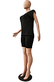 Black Casual Pure Color Sleeveless Shoulder pads T Shirt Shorts Sets CM2142-2