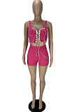 Rose Red Fashion Pure Color Vest Hollow Out Bind Shorts Two Piece LL6328-2