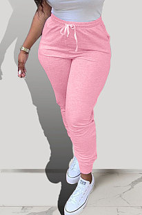 Pink Pure Color Pocket Sport Casual Long Pants KXL843-1