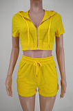 Yellow Euramerican Pure Color Hoodie T Shirt Shorts Two Piece X9301-3