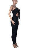 Black Women Pure Color Tight Sexy Shirred Detail Bodycon Jumpsuits KXL842-1