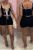 Black Fashion Pure Color Vest Hollow Out Bind Shorts Two Piece LL6328-1