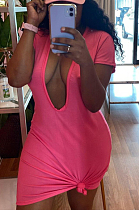 Pink JH 257ashion Sexy Pure color Deep V Short Sleeve Short Dress JH257-2