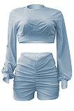 Blue Gray Women Shirred Detail Autumn Winter Sport Casual Shorts Sets NK253-9