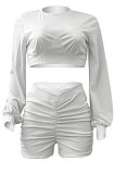 White Women Shirred Detail Autumn Winter Sport Casual Shorts Sets NK253-2