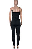 Black Women Pure Color Tight Sexy Shirred Detail Bodycon Jumpsuits KXL842-1