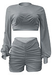 Gray Women Shirred Detail Autumn Winter Sport Casual Shorts Sets NK253-6