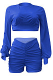 Dark Blue Women Shirred Detail Autumn Winter Sport Casual Shorts Sets NK253-10