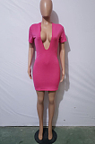 Pink JH 257ashion Sexy Pure color Deep V Short Sleeve Short Dress JH257-2