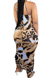 Leopard Condole Belt V Neck Sleeveless Fashion Sexy Long Dress DY6969-5