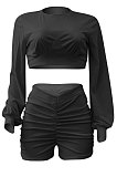 Black Women Shirred Detail Autumn Winter Sport Casual Shorts Sets NK253-7